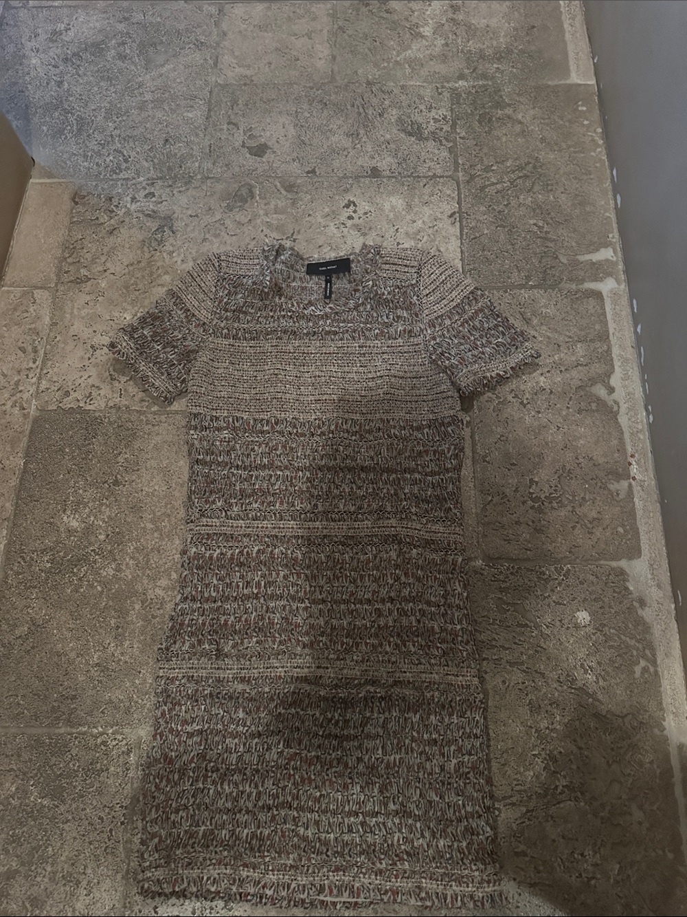 Isabel Marant Short-Sleeve Tweed Mini Dress in Brown and Cream